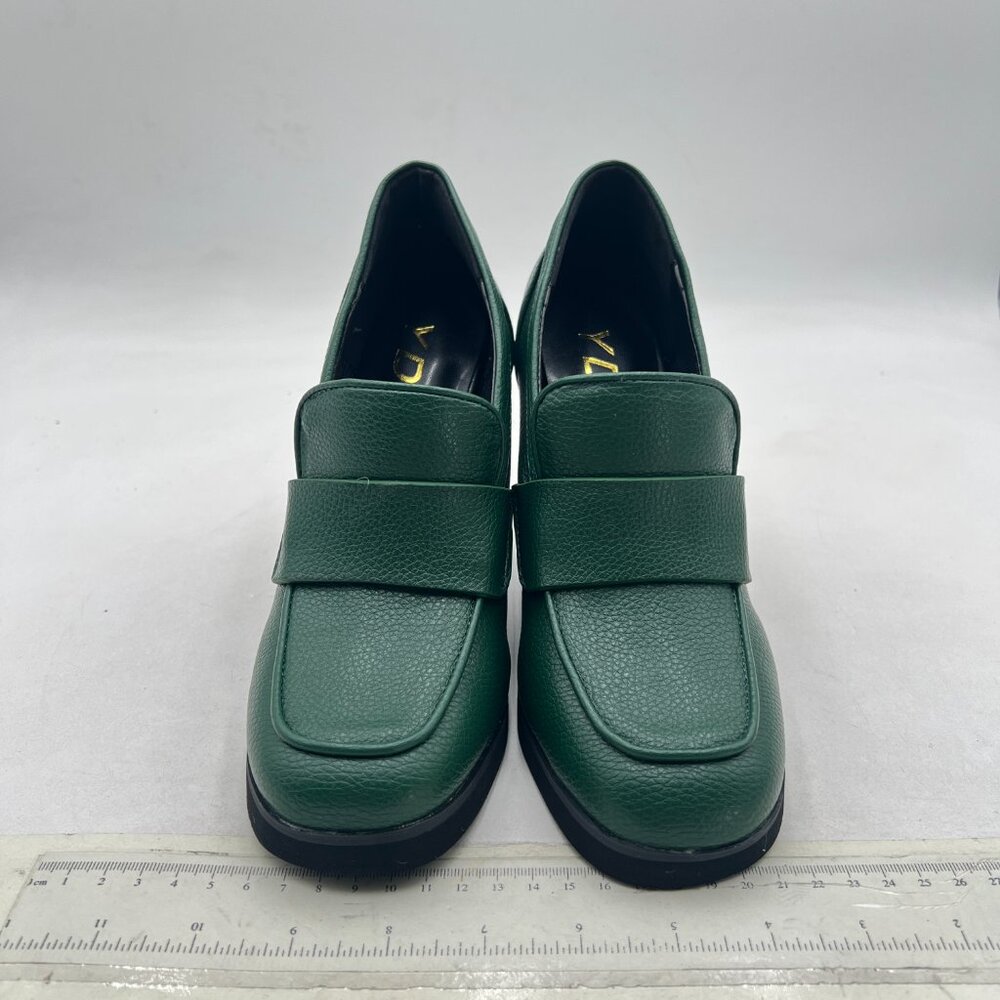 YDN Dark Green Dressy Pump Square Closed Toe Slip On Loafers Wedges Heeled Shoes - Picture 3 of 8